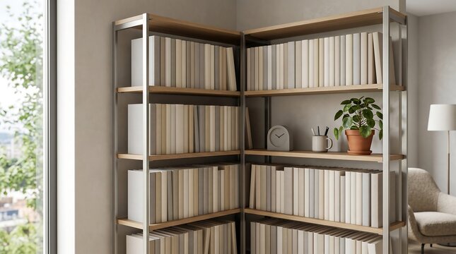Stylish Corner Bookshelf with Modern Decor in a Bright Home