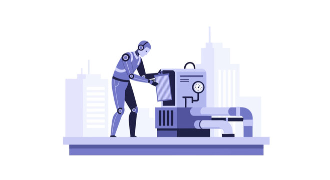 Robot technician maintaining industrial machinery on a rooftop with city skyline background