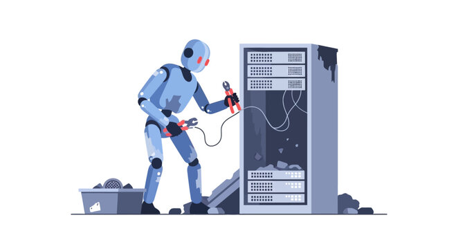 Robot technician repairing damaged server rack with tools, data center maintenance concept