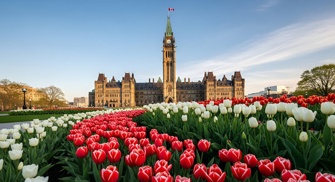 Canadian Parliament Buildings in Ottawa with vibrant red and white tulips in foreground during spring