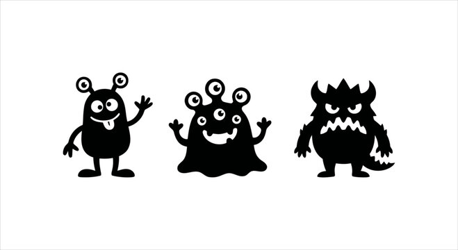 Three Silly Cartoon Monsters Waving and Smiling on a White Background