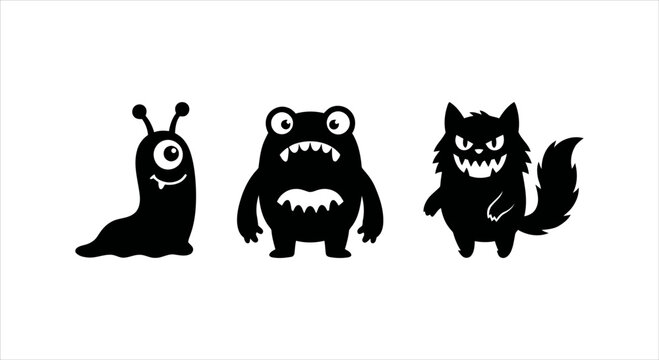 Set of three funny cartoon monster character silhouettes, perfect for spooky designs and playful fantasy themes