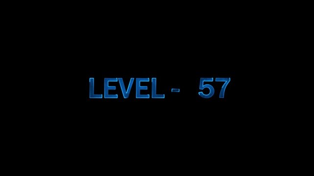 Futuristic level 57 screen display with glowing blue text on black background, digital interface