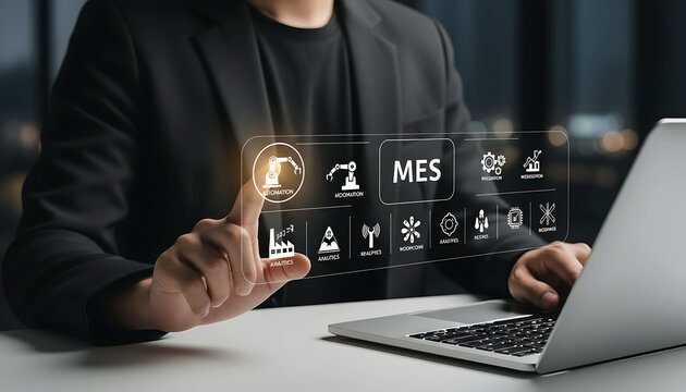 Businessman Using MES Manufacturing Automation Interface System