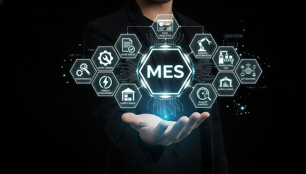 Businessman holding MES manufacturing execution system digital interface