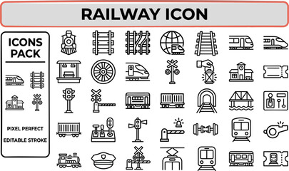 Railway and Train Transit outline icon set. Featuring locomotive, track, station, ticket, and wagon symbols. Editable stroke vector icons for rail transport and train travel service design. © Pixel_Forge