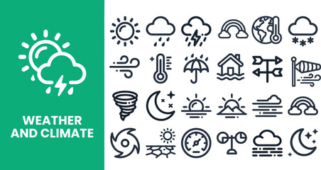 Naklejka premium Weather and Climate outline icon set. Featuring sun, cloud, rain, snow, and storm symbols. Editable stroke vector icons for forecast app and meteorology presentation interface design.