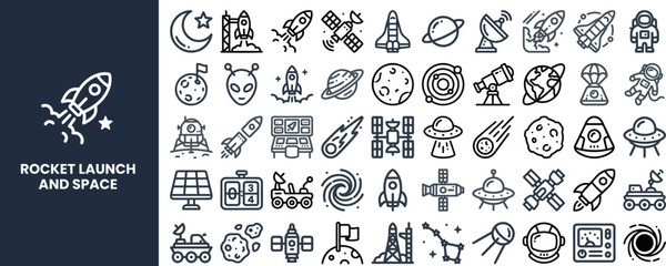 Rocket launch and space line icon collection for science education, aerospace branding and mission infographics, editable vector © Pixel_Forge