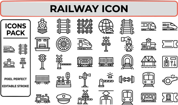 Railway and Train Transit outline icon set. Featuring locomotive, track, station, ticket, and wagon symbols. Editable stroke vector icons for rail transport and train travel service design.