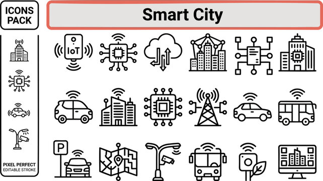 Smart City and Urban Tech outline icon set. Featuring IoT sensor, traffic, energy, infrastructure, and connectivity symbols. Editable stroke vector icons for smart urban development design.