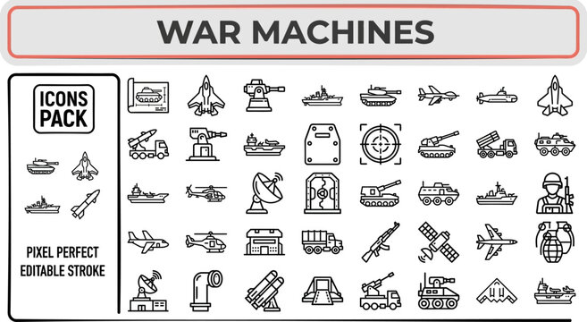War Machine and Military Vehicle outline icon set. Featuring tank, jet fighter, missile, warship, and weapon symbols. Editable stroke vector icons for defense industry and combat equipment.