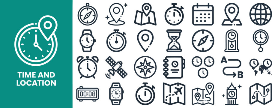 Time and Location outline icon set. Featuring clock, calendar, GPS, schedule, and timezone symbols. Editable stroke vector icons for productivity app and location tracking interface design.