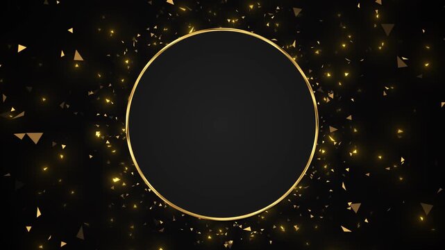 Gold circular luxury frame background black center, glowing rim, floating shards, sparkling particles. logo reveals, award intros, premium titles, wedding videos, elegant promos, cinematic overlays.