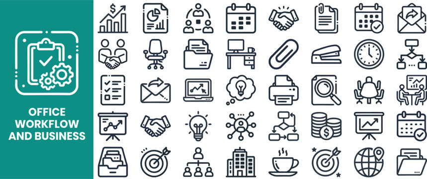 Office Workflow and Business outline icon set. Featuring task, meeting, document, schedule, and productivity symbols. Editable stroke vector icons for corporate management and team collaboration.