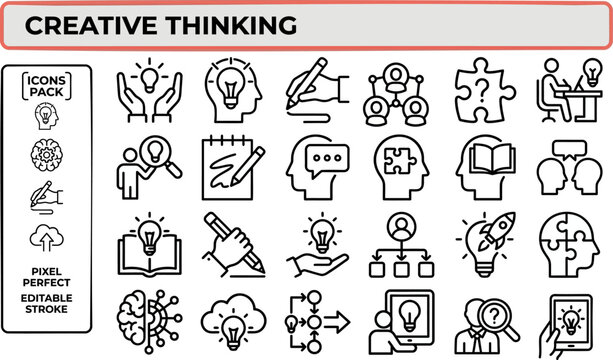 Creative Thinking and Idea outline icon set. Featuring brainstorm, lightbulb, imagination, innovation, and inspiration symbols. Editable stroke vector icons for creative process and design.