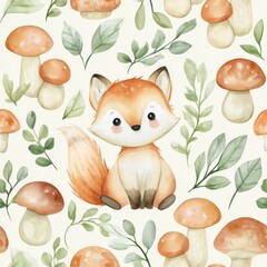 Fototapeta premium Cute watercolor fox and mushrooms seamless pattern for children's designs