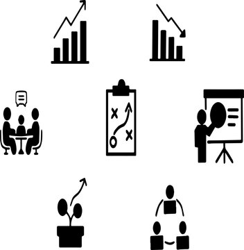 Business strategy and financial growth icon set for print and digital media.