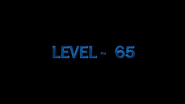 Level 65 blue neon metallic typography animation with glowing light effect on black background