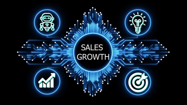 sales growth logo on glowing circuit board network, connected business icons for finance, analytics, partnership, growth and innovation on black background
