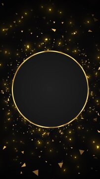 Golden round emblem reveal ornate rim, dark center copy area, flying fragments, warm sparkle lights. luxury branding, trophy , ceremony titles, premium intros, invitation screens, and elegant motion