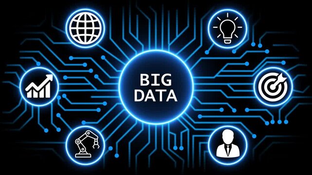 BIG DATA concept with circuit lines and digital symbols hovering above a businessman, technology. manufacturing process management all connected in a digital circle like pattern.