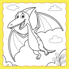 Cartoon Pterodactyl Flying Dinosaur Coloring Page – Prehistoric Animal Illustration with Outline for Kids Educational Creative Learning Activities © Ashikuzzaman