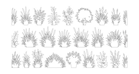 Minimalist line art bushes and shrubs collection, 27 botanical plant vector icons, hand drawn garden greenery elements for landscape design © jutt