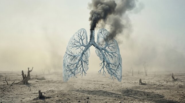 Conceptual lungs formed by tree branches emitting black smoke over cracked desolate land depicting air pollution impact