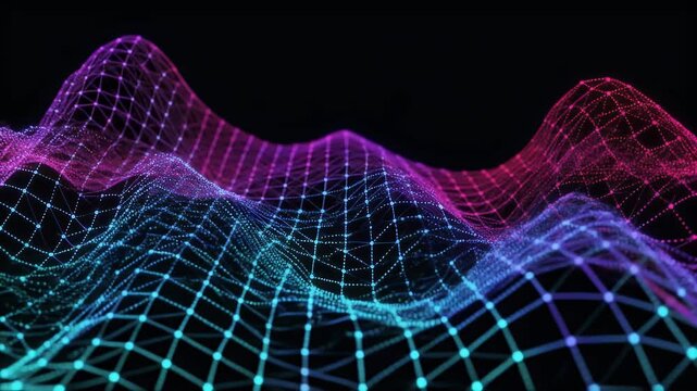 Abstract multicolored string of light in black background. Bright particles in row with luminous effects. Ray of lights pulsating in dark backdrop