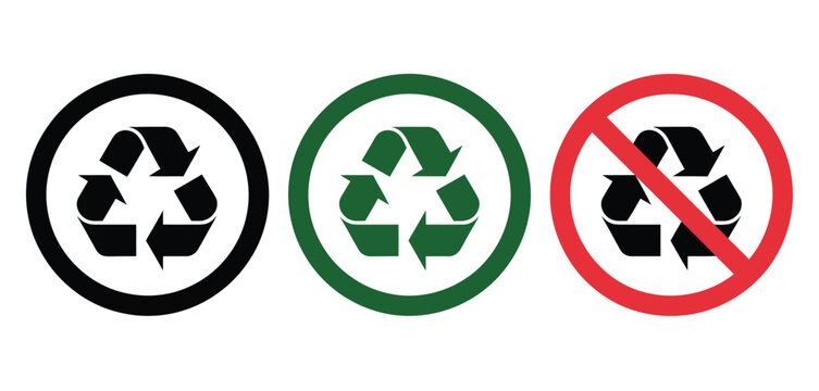 Recycling and recycling prohibited icon vector illustration set with material symbols for plastic, paper, and glass environmental signage.