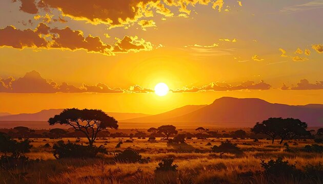 Vibrant African savanna sunset with silhouetted acacia trees, mountains, and warm sky