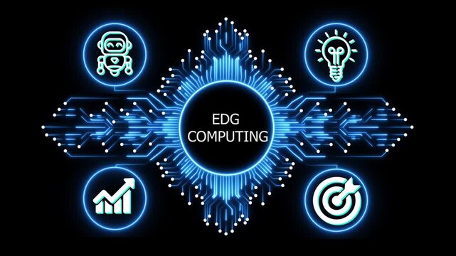 EDG computing logo on glowing circuit board network, connected business icons for finance, analytics, partnership, growth and innovation on black background