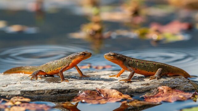 Two Newts on a Rock by Water