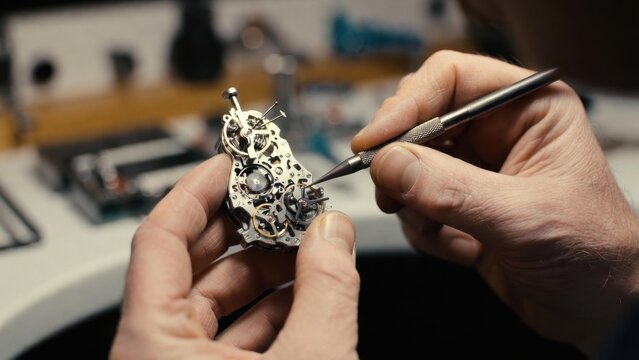 Watchmaker hands adjusting movement with precision on workbench