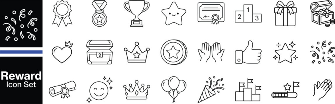 Reward and Achievement Line Icon Set with Trophy, Medal, Treasure Chest, and Success Symbols
