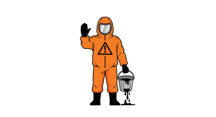 Fototapeta premium Person in Orange Hazmat Suit Holding Toxic Chemical Warning Container