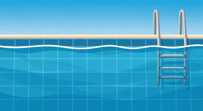 Vector illustration of a swimming pool featuring clear blue water, square tiled walls, and a silver metal ladder. The scene includes a light-colored coping edge and a clear sky.