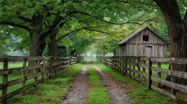 Serene country road leading to rustic barn surrounded by lush green trees and wooden fence in peaceful rural landscape