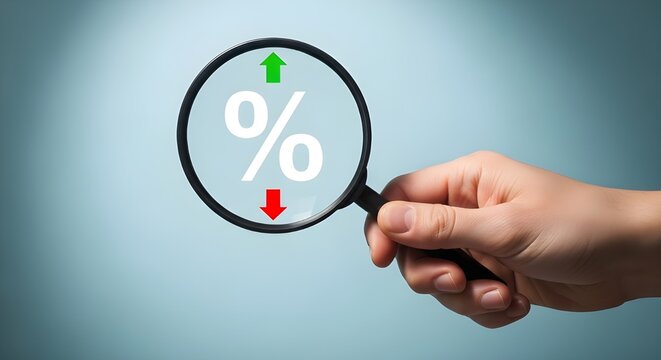 Magnifying Glass on Percentage Symbol with Up and Down Arrows, Financial Analysis Concept