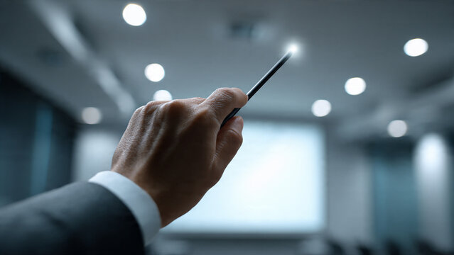 Hand holding a pointer stick in a conference room with a projector screen in the background, signifying a presentation or lecture
