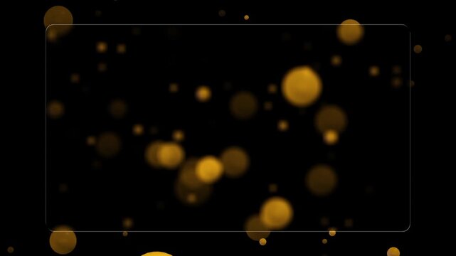 Black gold bokeh frame background soft floating circles, thin rounded border, elegant empty center. luxury wedding titles, corporate presentations, invitation screens, event promos, premium overlays.