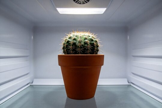 Cactus in terracotta pot inside fridge