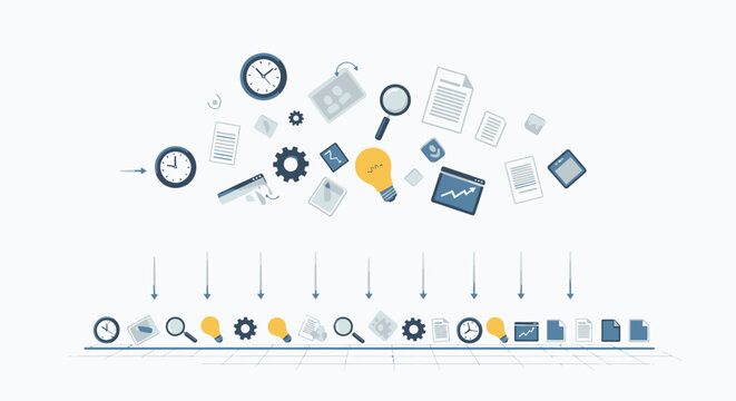 Business strategy icons and analytics elements arranged in modern layout, digital marketing and data analysis concept for corporate planning and innovation design