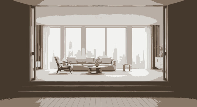 Modern living room interior with sofa and large windows, minimal home design concept for architecture, lifestyle and comfortable residential spaces