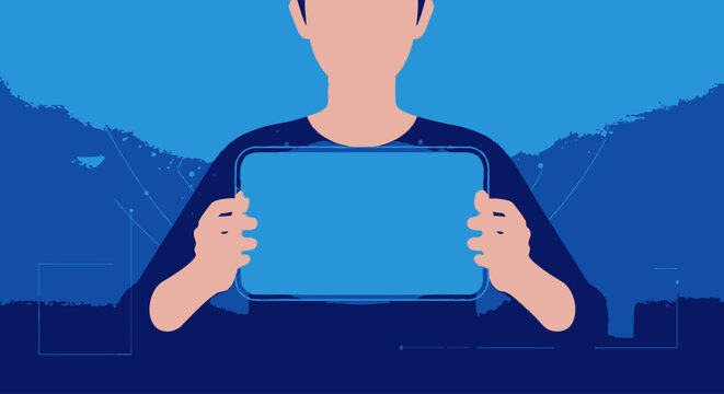 Man holding tablet device for digital work and online learning, modern technology concept for remote education, business communication and smart lifestyle