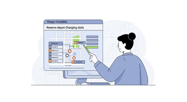 Data analysis of electric vehicle charging stations, woman pointing at screen with charts and graphs