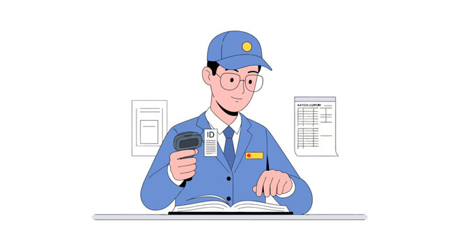 Delivery man scanning package and checking document at desk, postal service worker