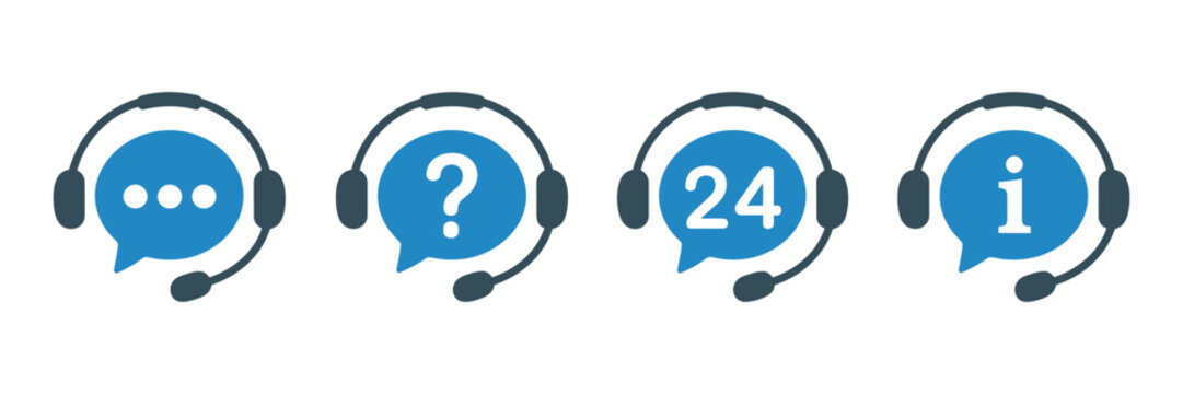 Minimalist customer service icon vector set featuring headphones and speech bubbles for support, communication, and helpdesk design elements.