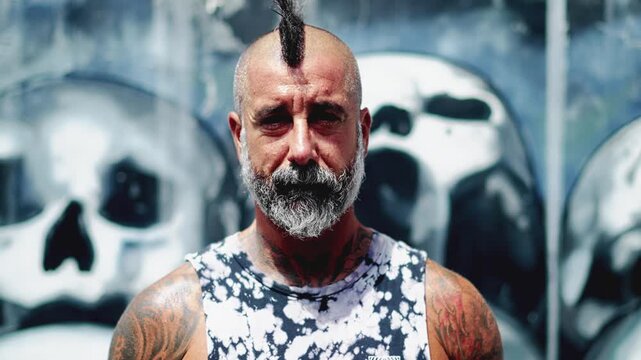 Portrait of One Adult Man with Gray Haircut Looking at Camera Close Up. Authentic Male Person Stands Alone on Street Graffiti Background. Amazing Life Time of Cool Friendly Guy as Real European Biker