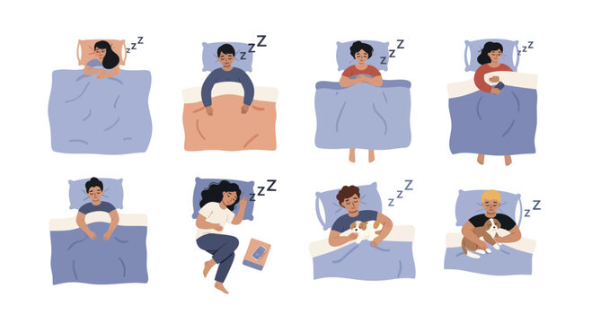 Diverse people sleeping in various comfortable positions in bed.